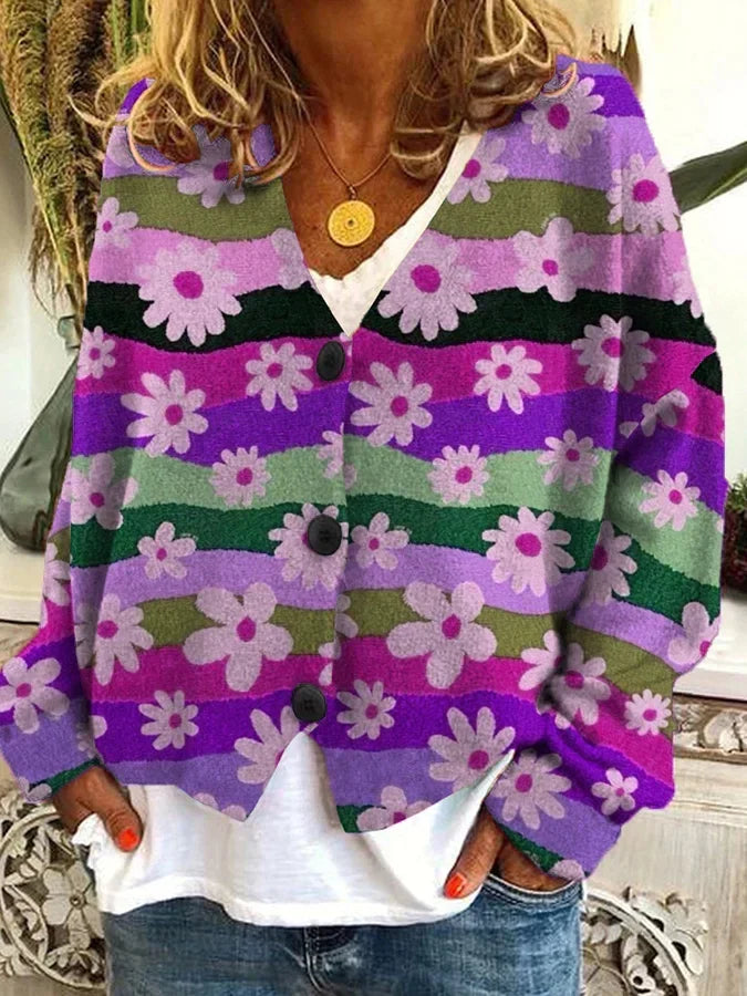 Kimberly | Vintage Floral Striped Cardigan - Picela