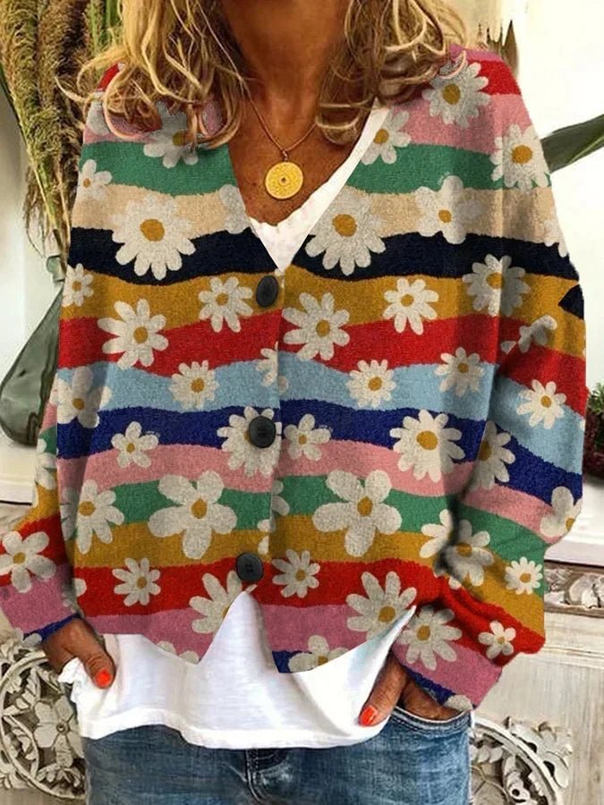 Kimberly | Vintage Floral Striped Cardigan - Picela