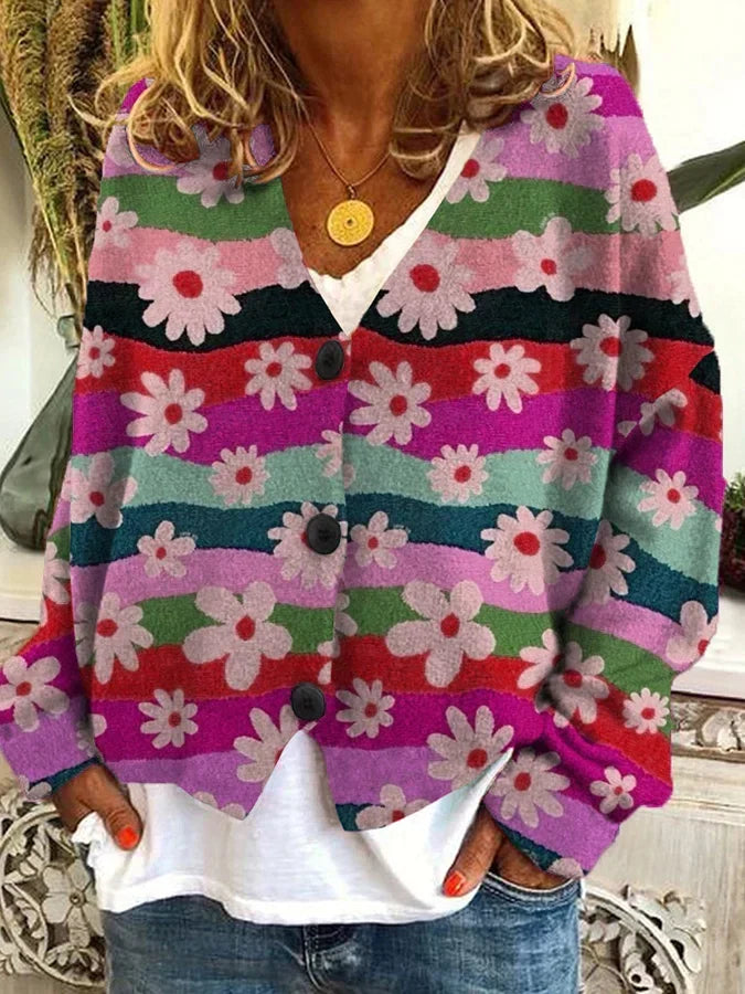 Kimberly | Vintage Floral Striped Cardigan - Picela