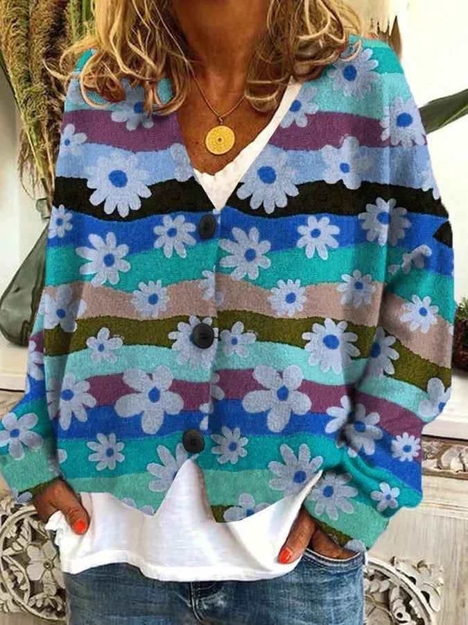 Kimberly | Vintage Floral Striped Cardigan - Picela
