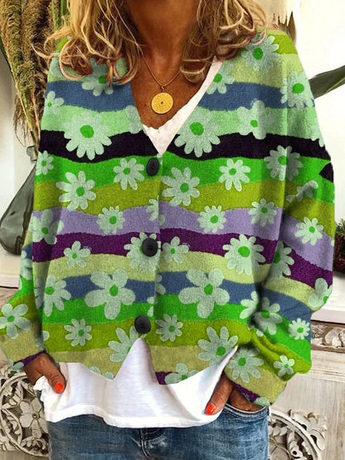 Kimberly | Vintage Floral Striped Cardigan - Picela