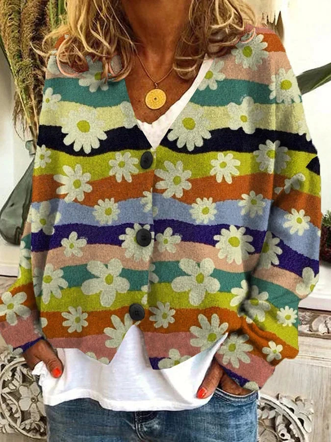 Kimberly | Vintage Floral Striped Cardigan - Picela