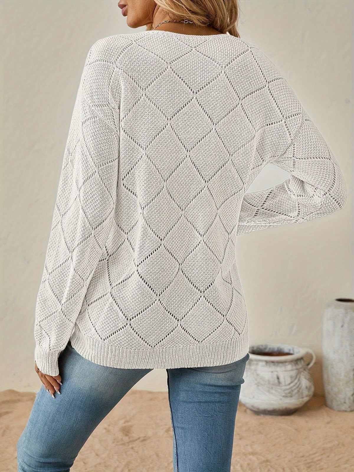 Megan | Elegant Openwork V-Neck Sweater - Picela