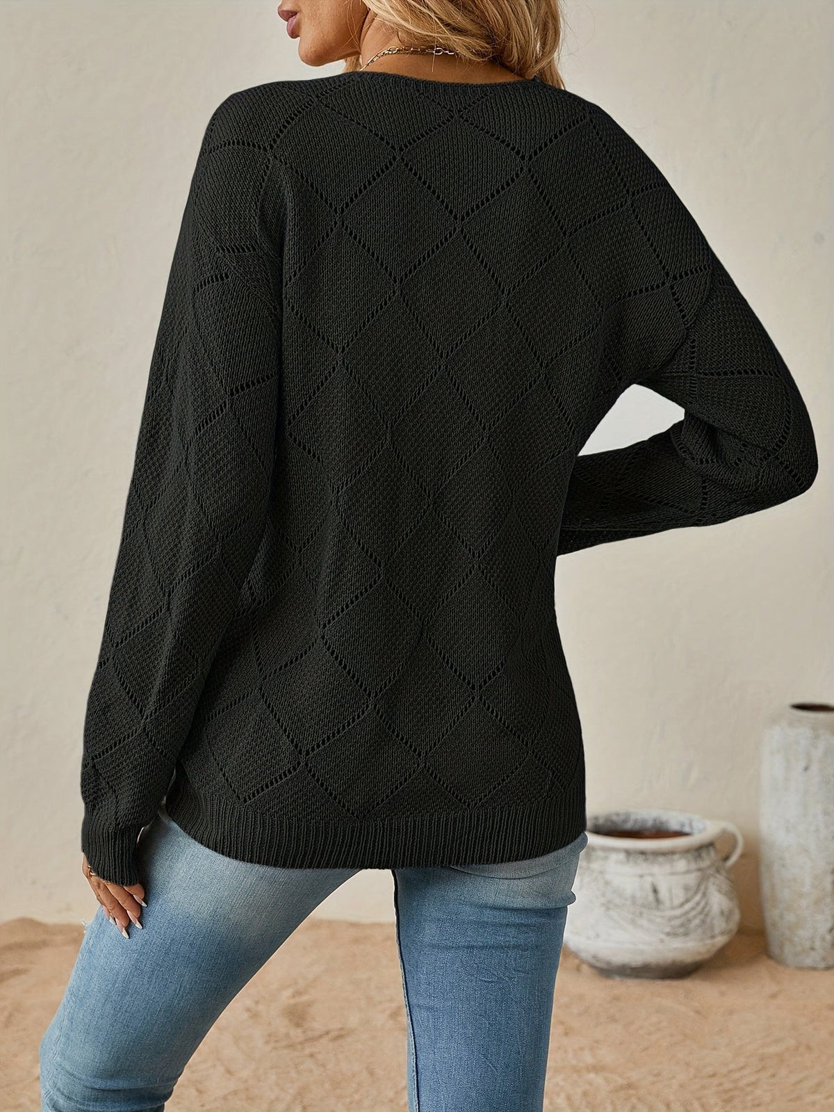 Megan | Elegant Openwork V-Neck Sweater - Picela