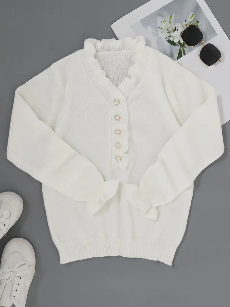Stephanie | Feminine Ruffle V-Neck Sweater - Picela