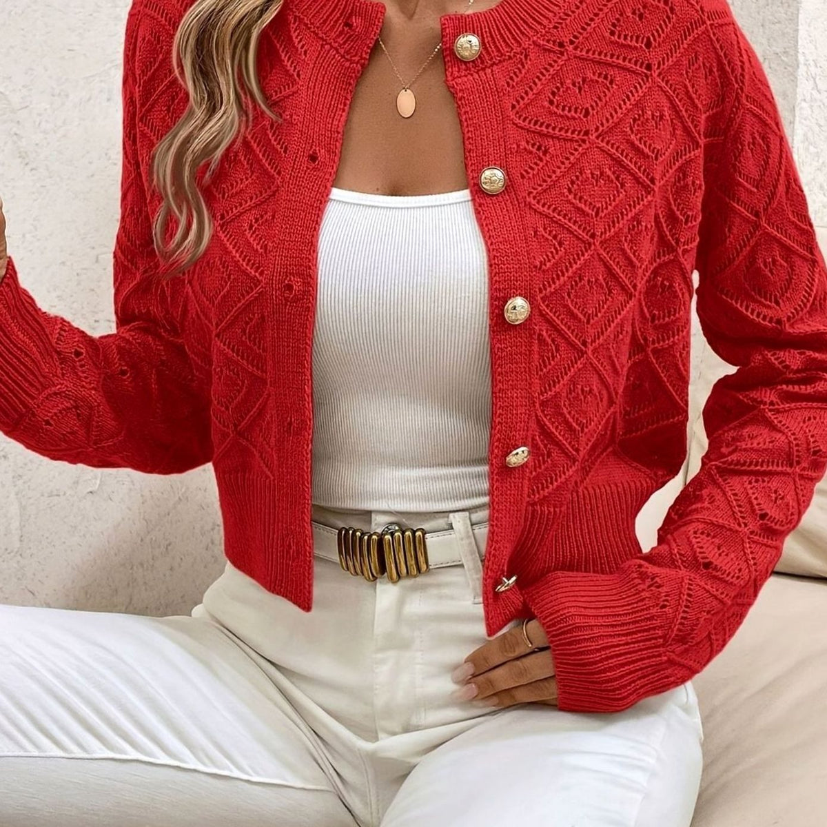 Rachel | Elegant Diamond-Knit Cropped Cardigan