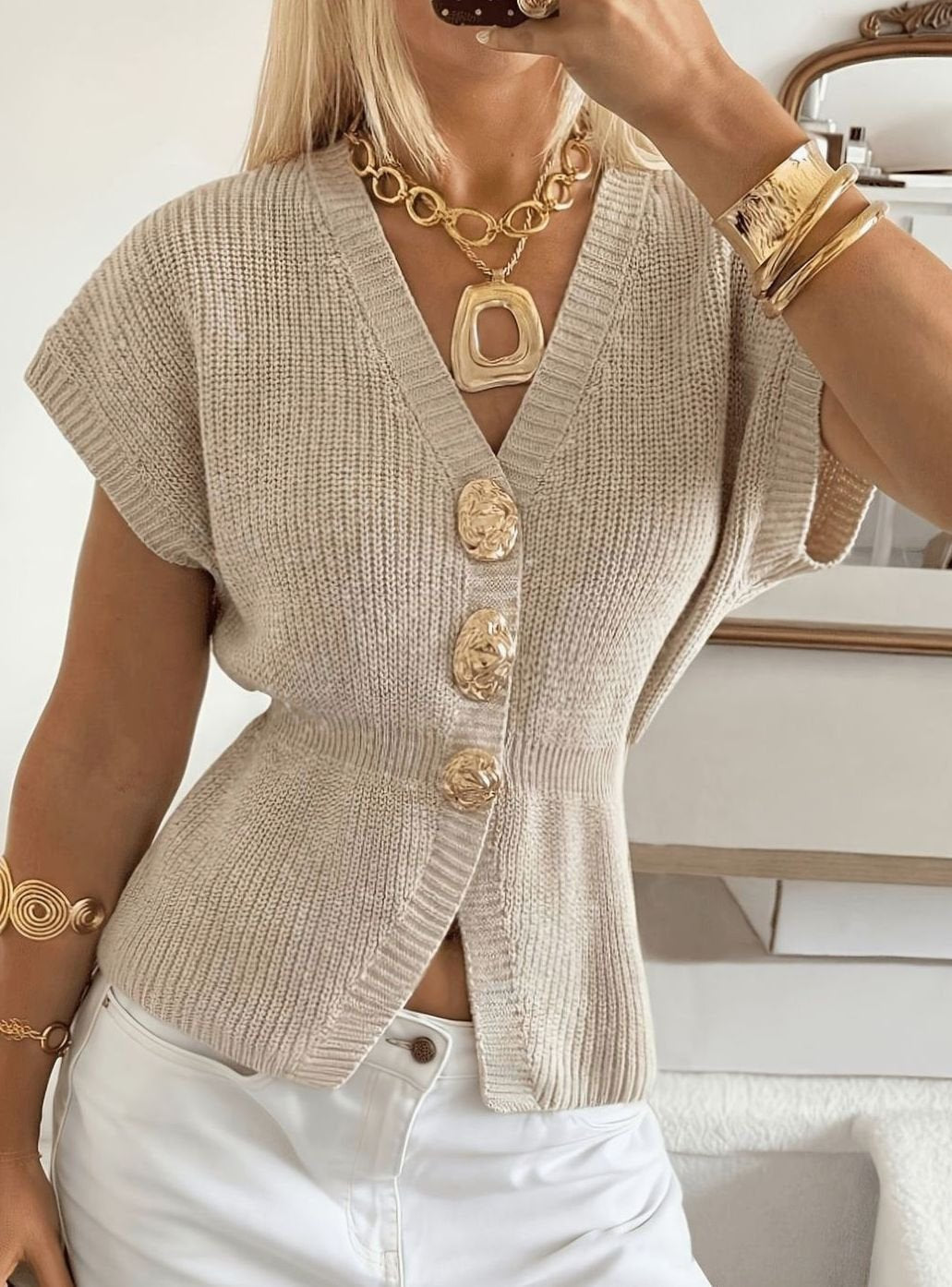 Stephanie | Elegant Gold-Button Knit Vest