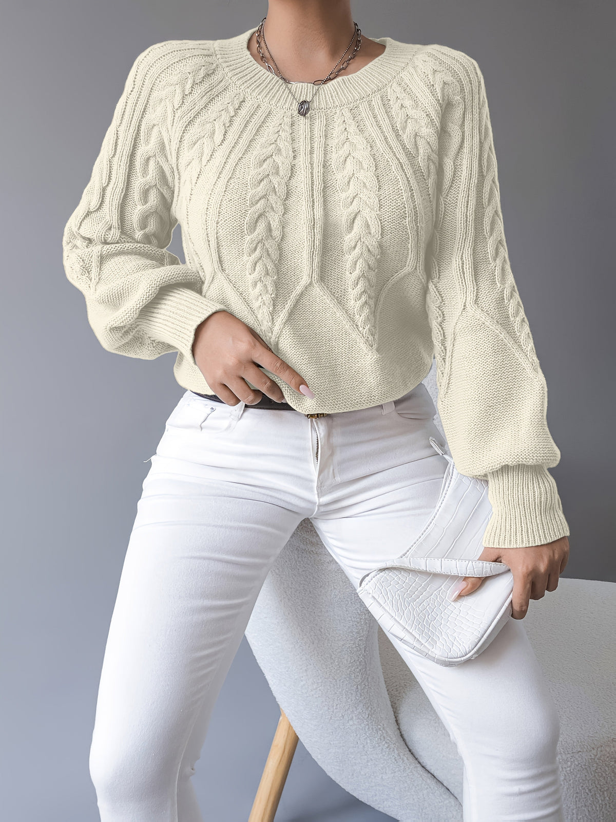 Elsie | Elegant Cable-Knit Lantern-Sleeve Sweater - Picela
