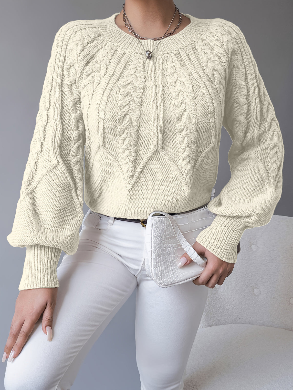 Elsie | Elegant Cable-Knit Lantern-Sleeve Sweater - Picela