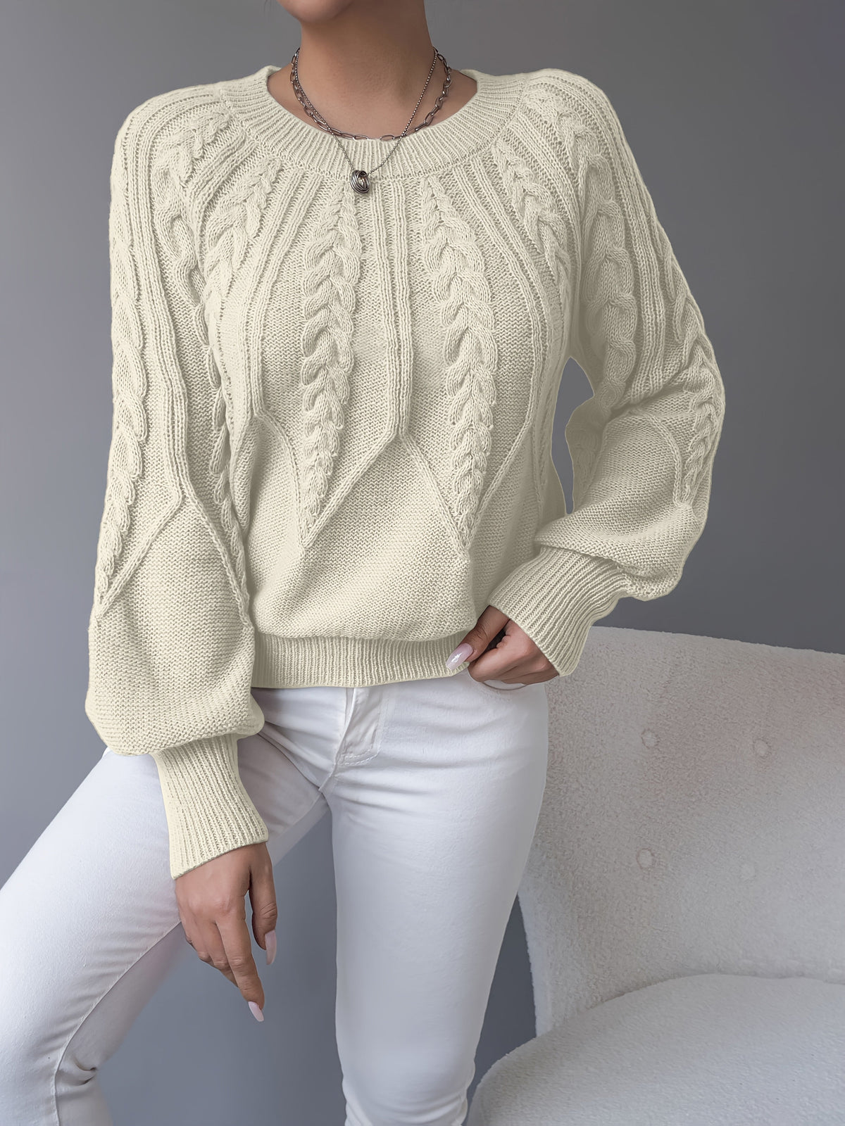 Elsie | Elegant Cable-Knit Lantern-Sleeve Sweater - Picela