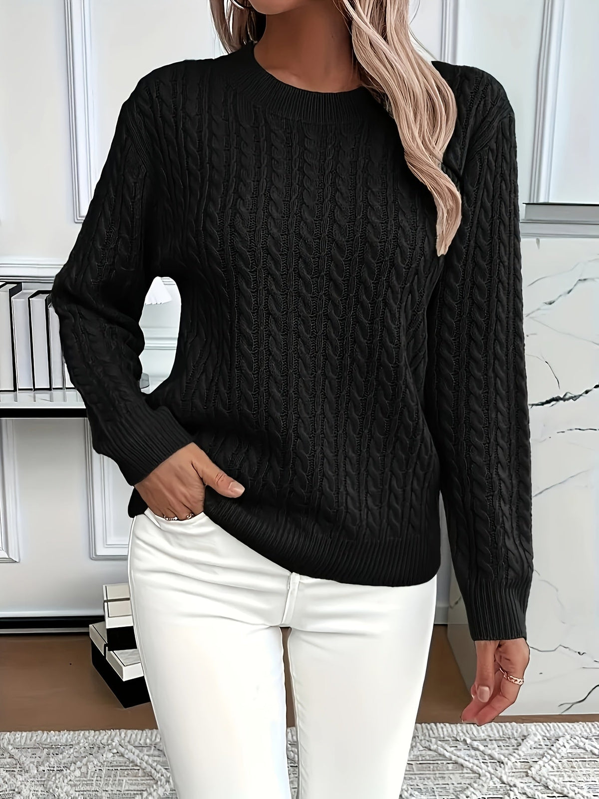Faye | Elegant Cable-Knit Crewneck Sweater - Picela