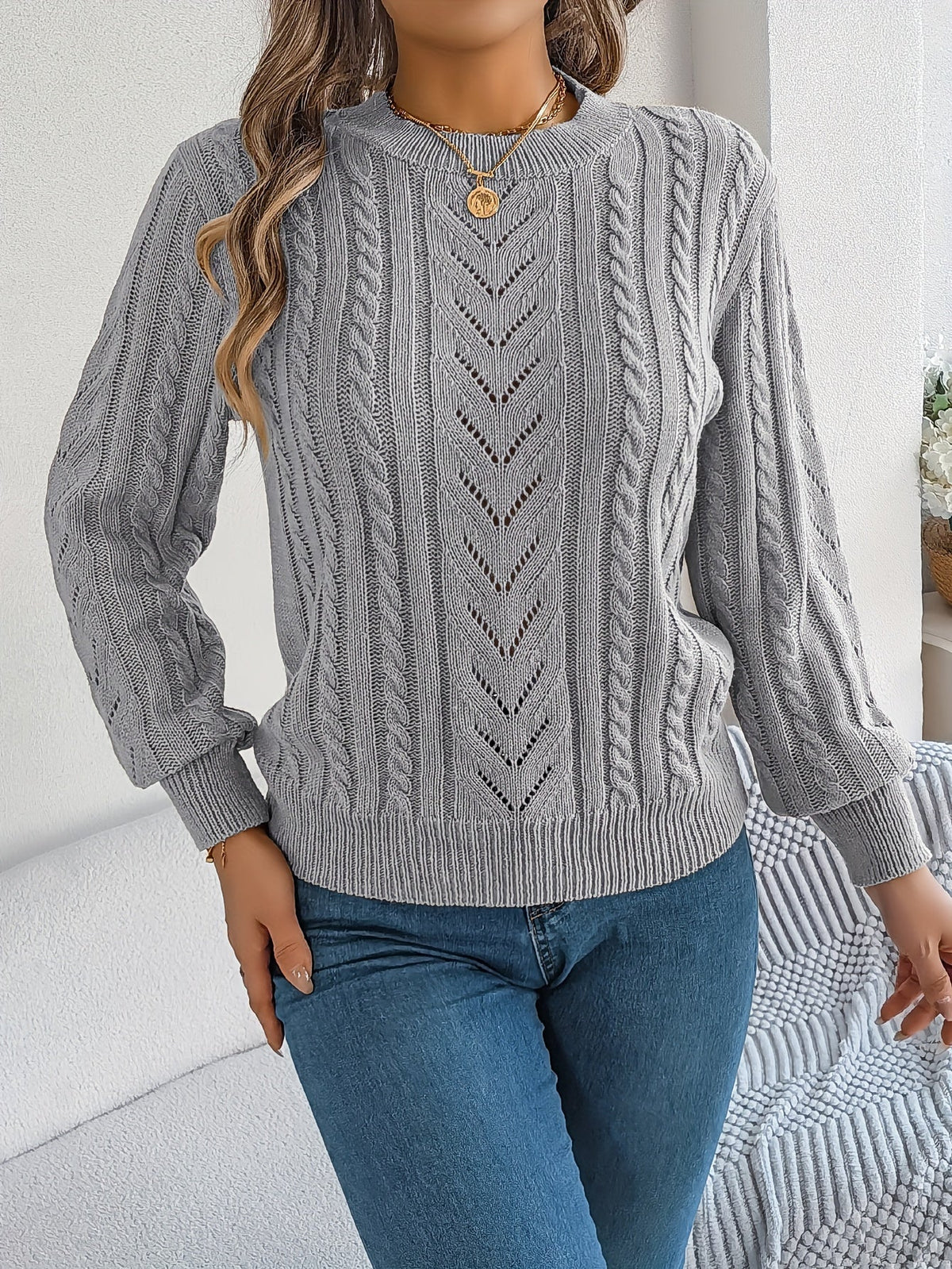 Heather | Elegant Cable-Knit Lantern-Sleeve Sweater - Picela