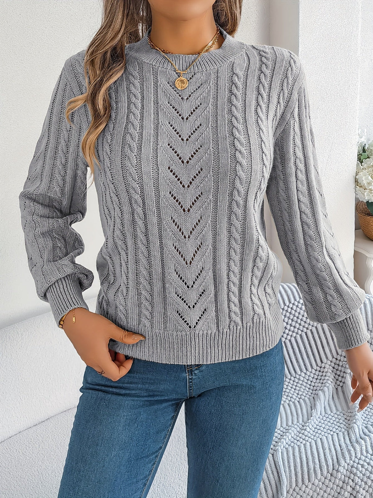 Heather | Elegant Cable-Knit Lantern-Sleeve Sweater - Picela