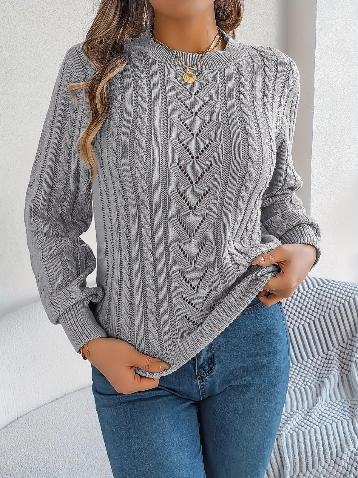 Heather | Elegant Cable-Knit Lantern-Sleeve Sweater - Picela