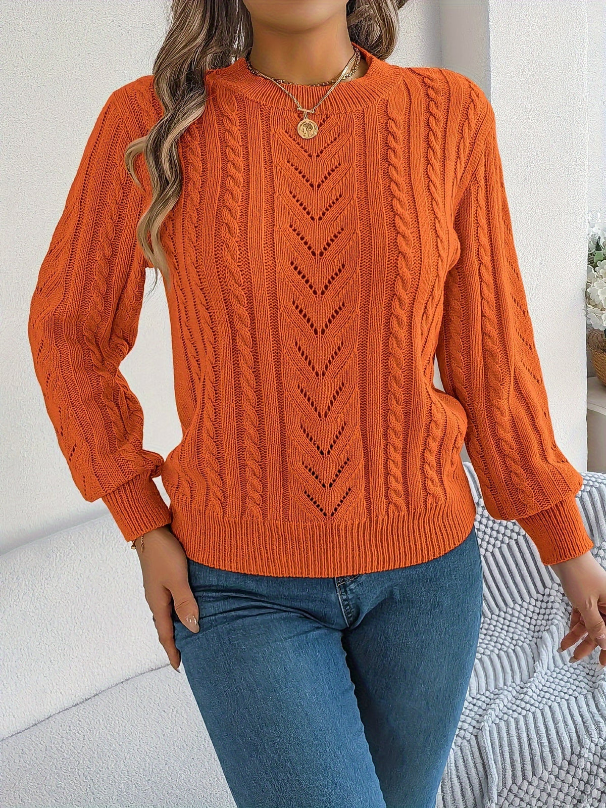 Heather | Elegant Cable-Knit Lantern-Sleeve Sweater - Picela