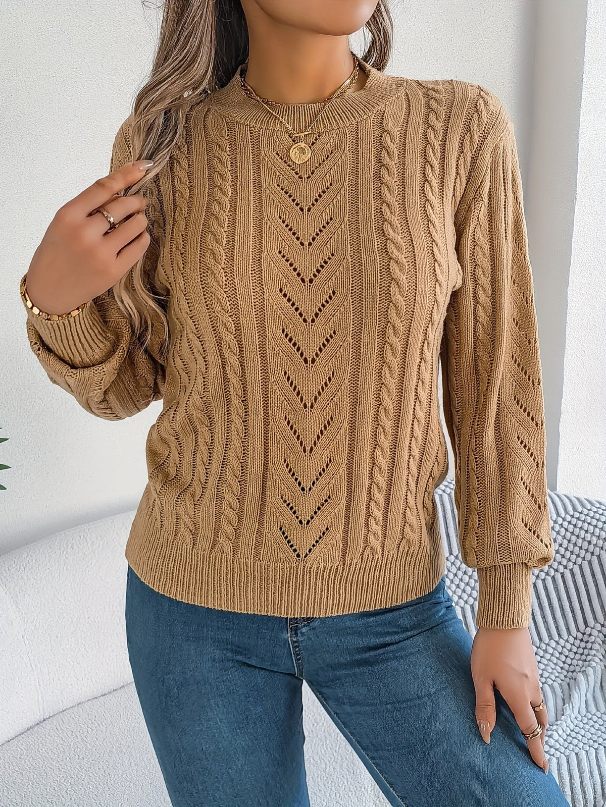 Heather | Elegant Cable-Knit Lantern-Sleeve Sweater - Picela