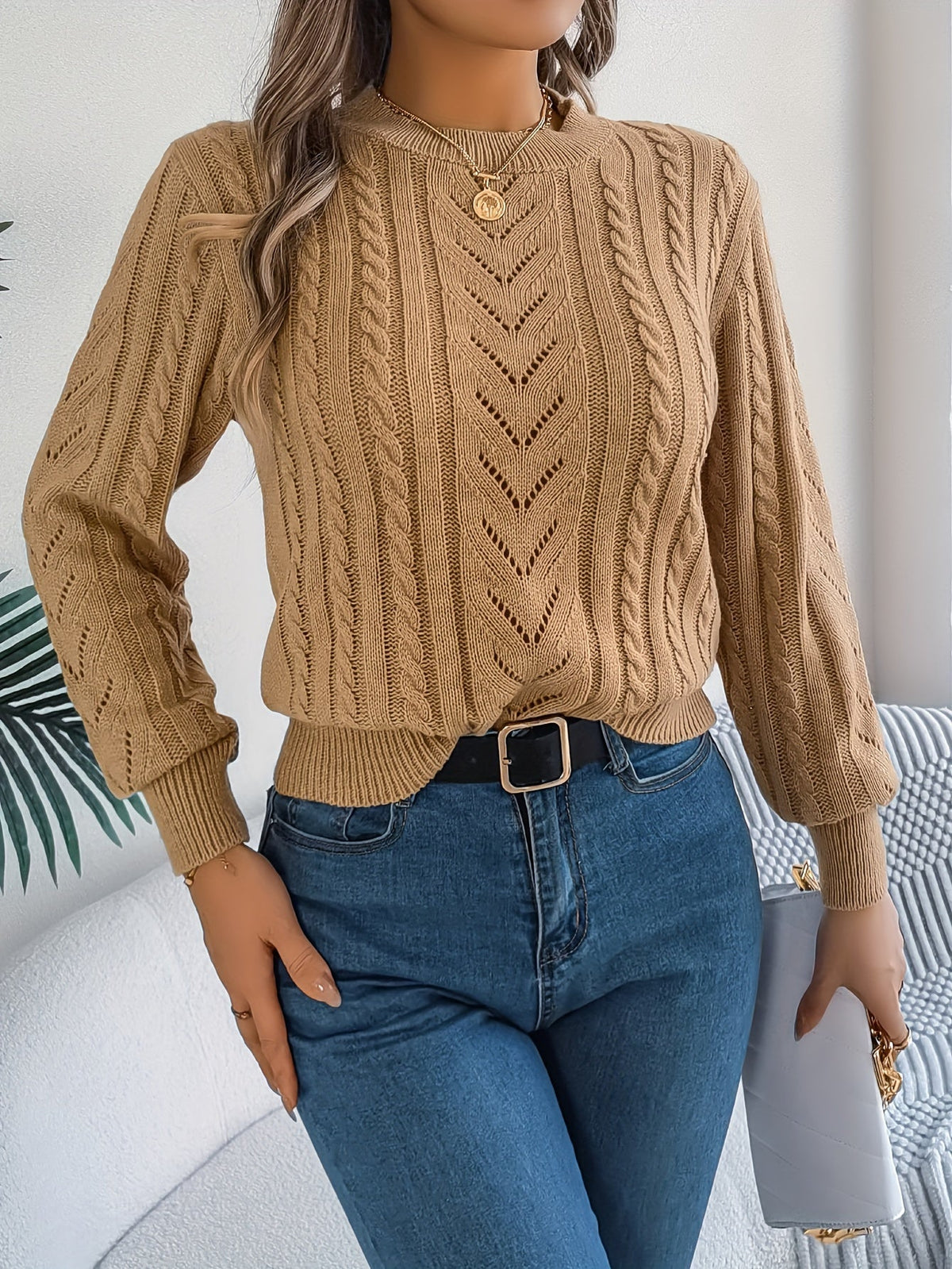 Heather | Elegant Cable-Knit Lantern-Sleeve Sweater - Picela