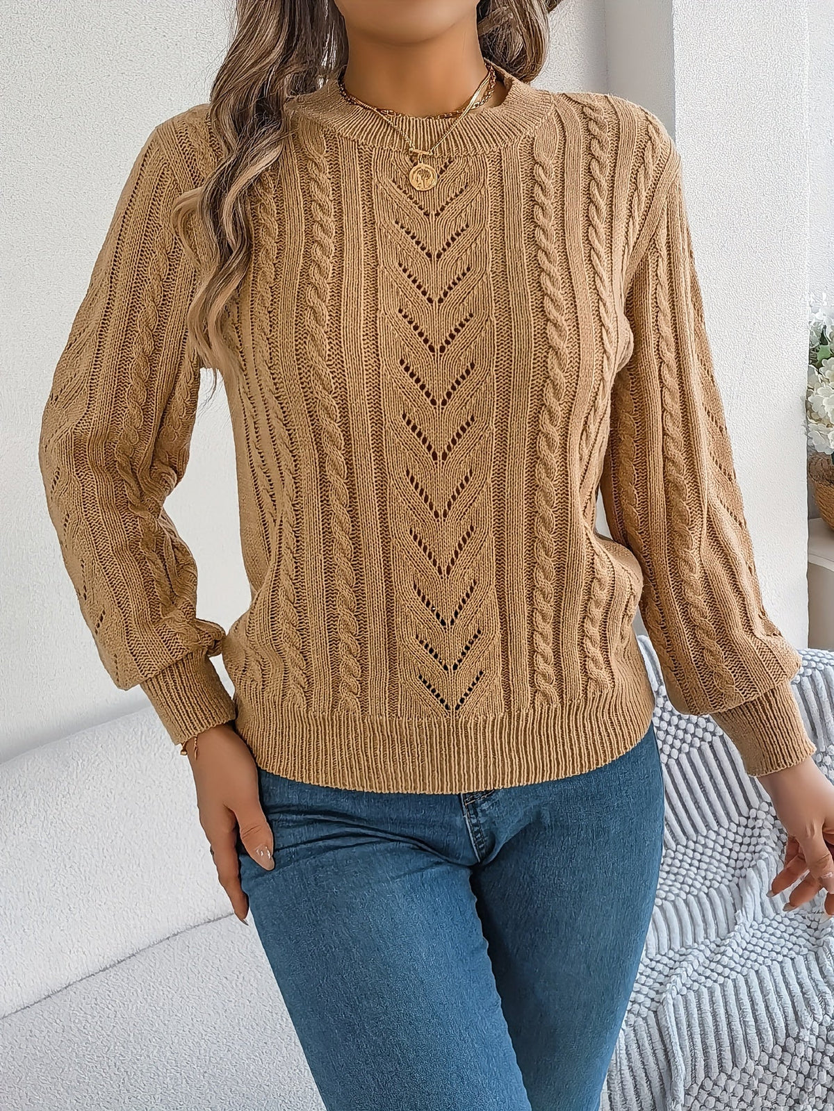 Heather | Elegant Cable-Knit Lantern-Sleeve Sweater - Picela