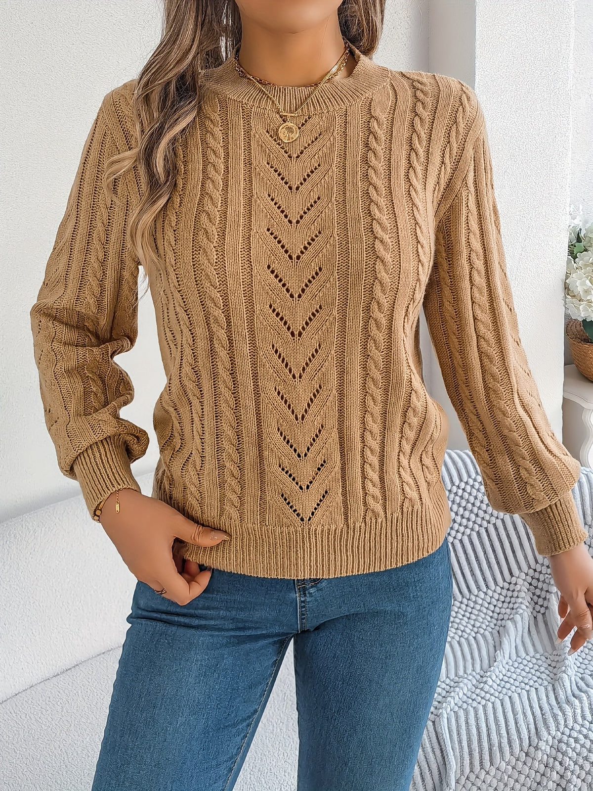 Heather | Elegant Cable-Knit Lantern-Sleeve Sweater - Picela