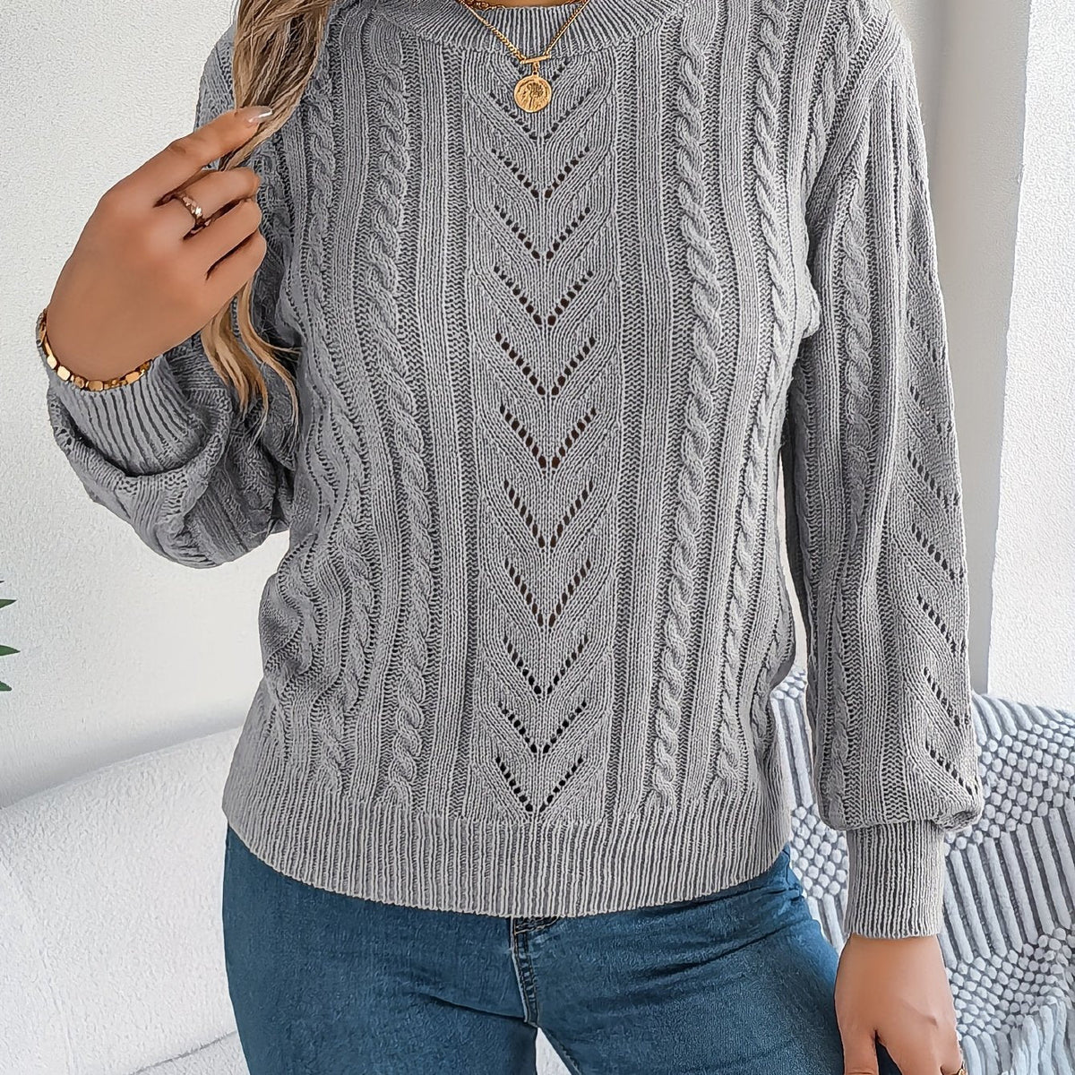 Heather | Elegant Cable-Knit Lantern-Sleeve Sweater - Picela