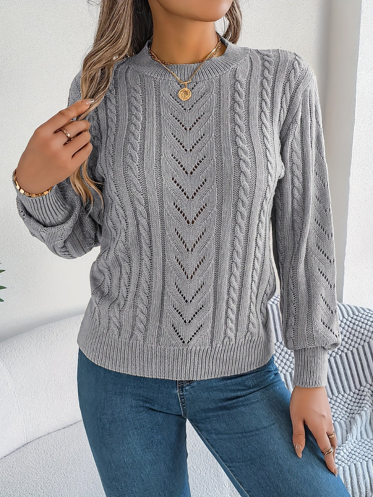 Heather | Elegant Cable-Knit Lantern-Sleeve Sweater - Picela