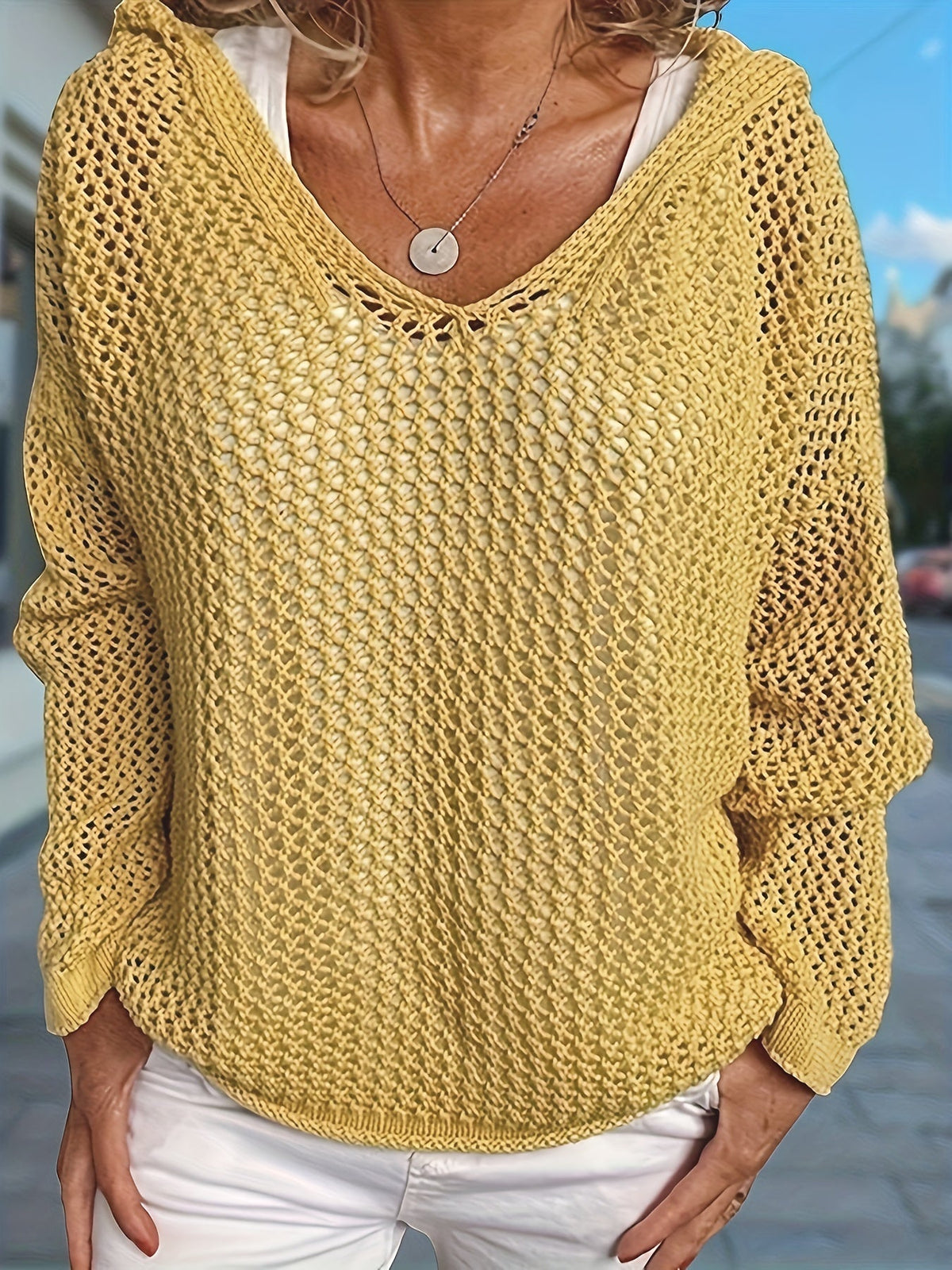 Jennifer | Elegant Open-Knit Hooded Sweater - Picela