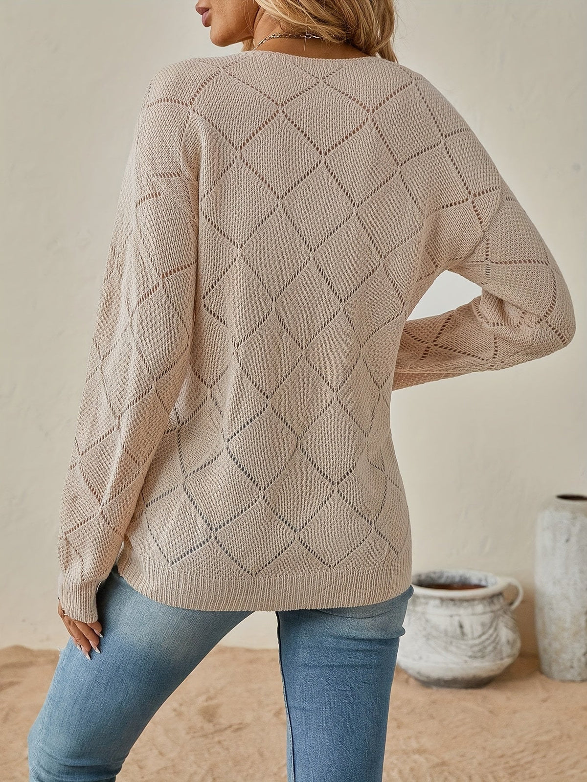 Megan | Elegant Openwork V-Neck Sweater - Picela