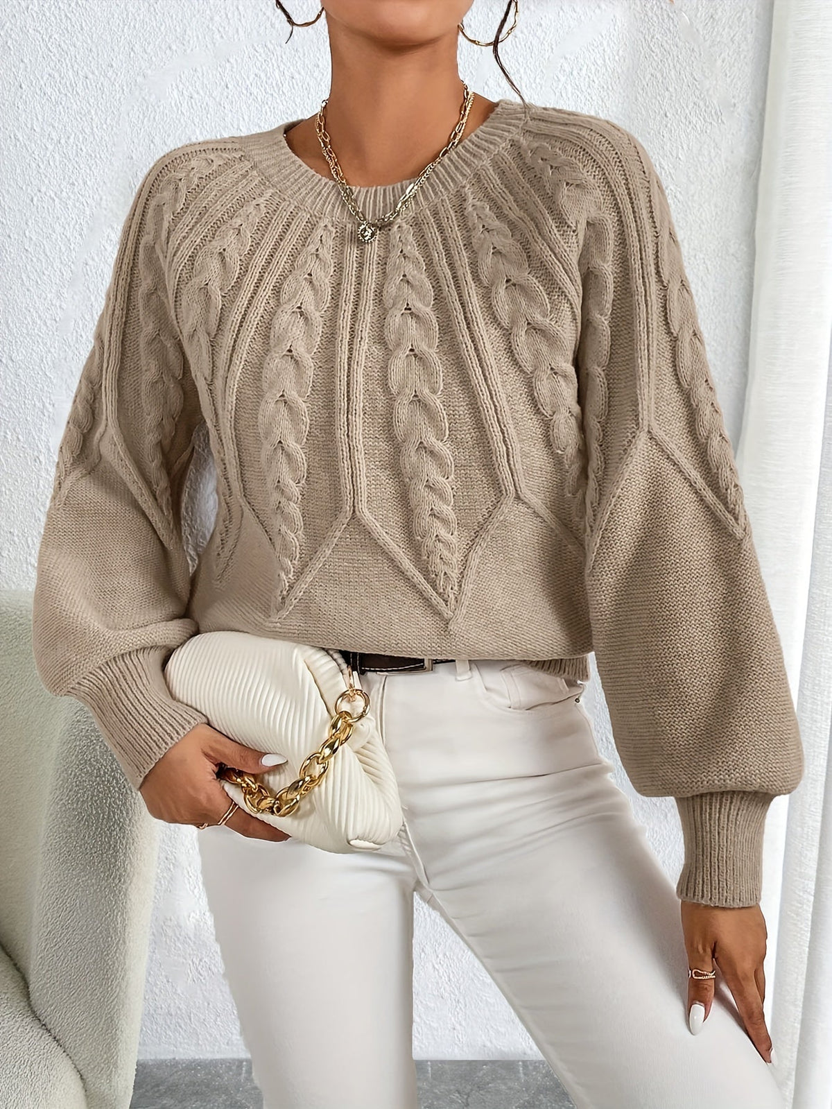 Michelle | Elegant Cable-Knit Balloon-Sleeve Sweater - Picela