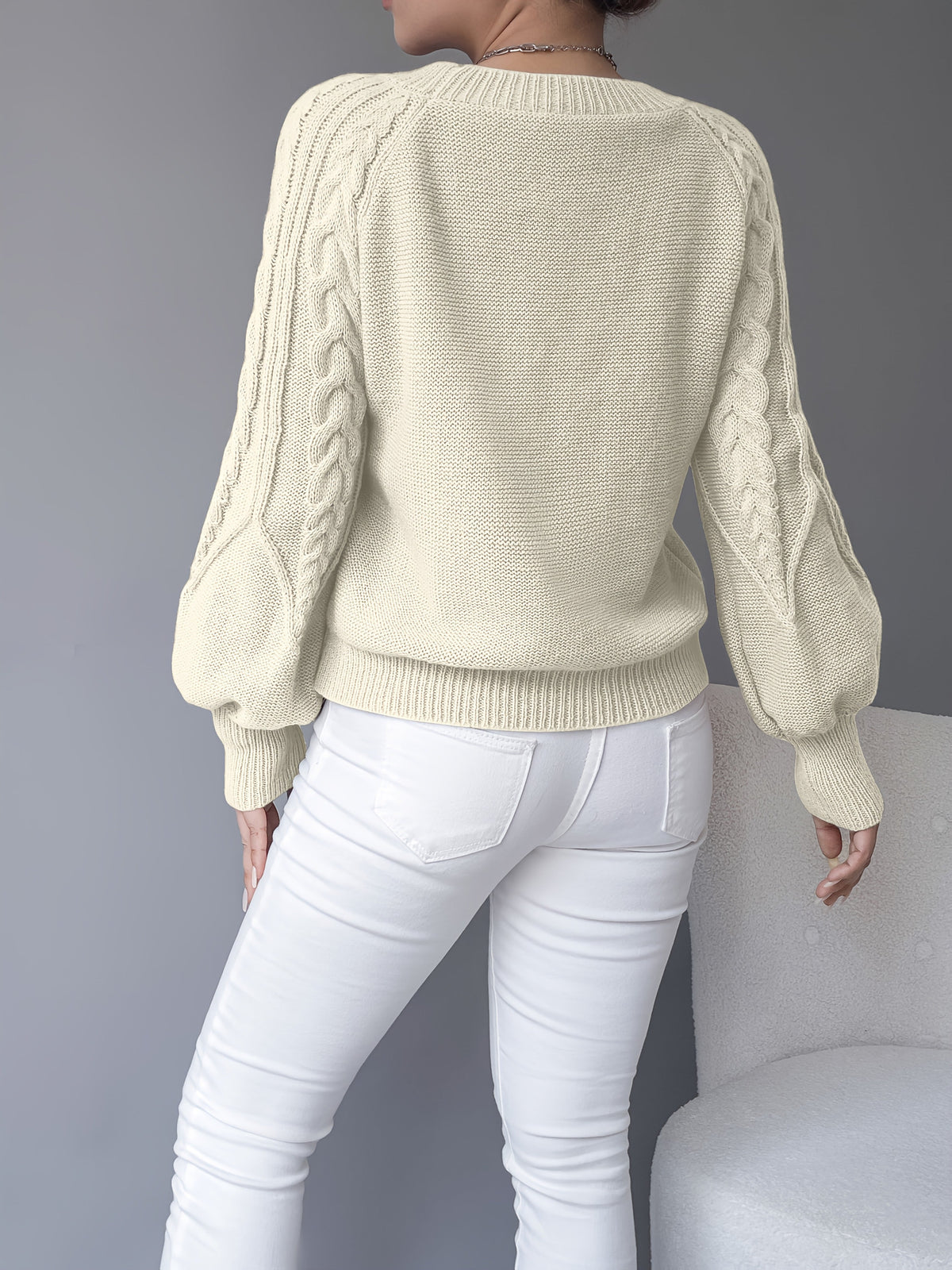 Michelle | Elegant Cable-Knit Balloon-Sleeve Sweater - Picela