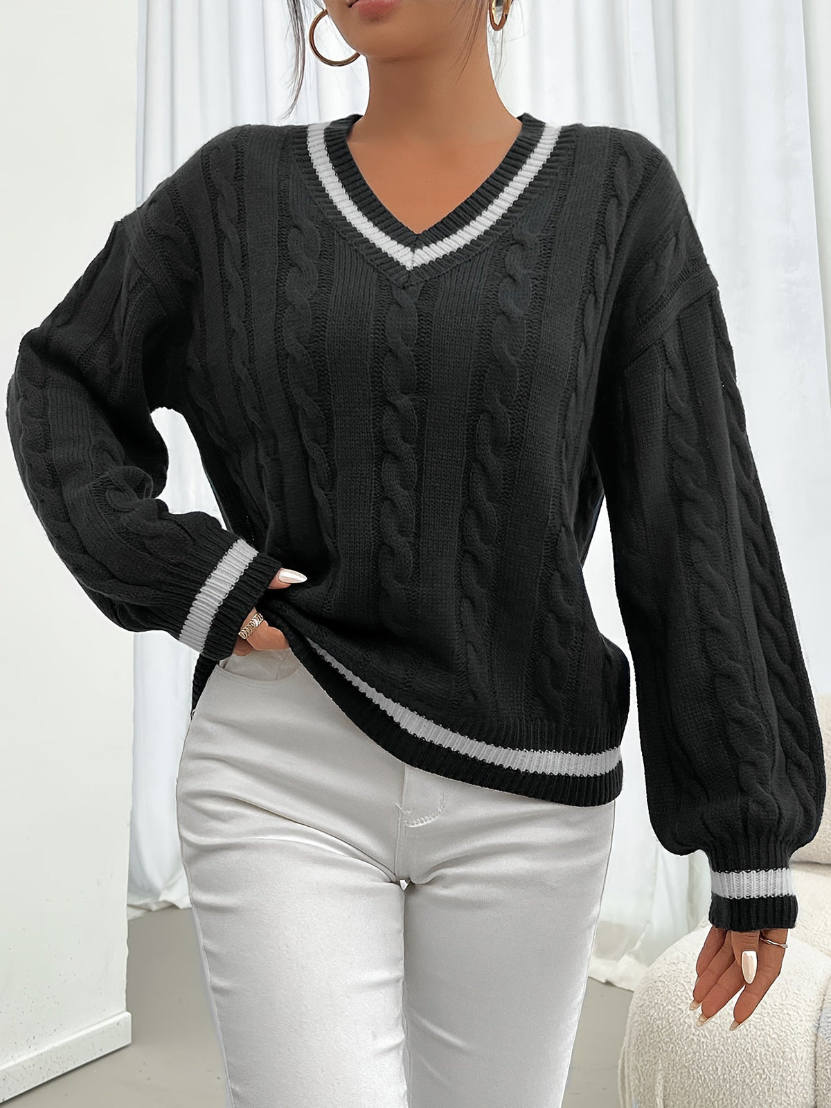 Rebecca | Elegant Cable-Knit Varsity Sweater - Picela