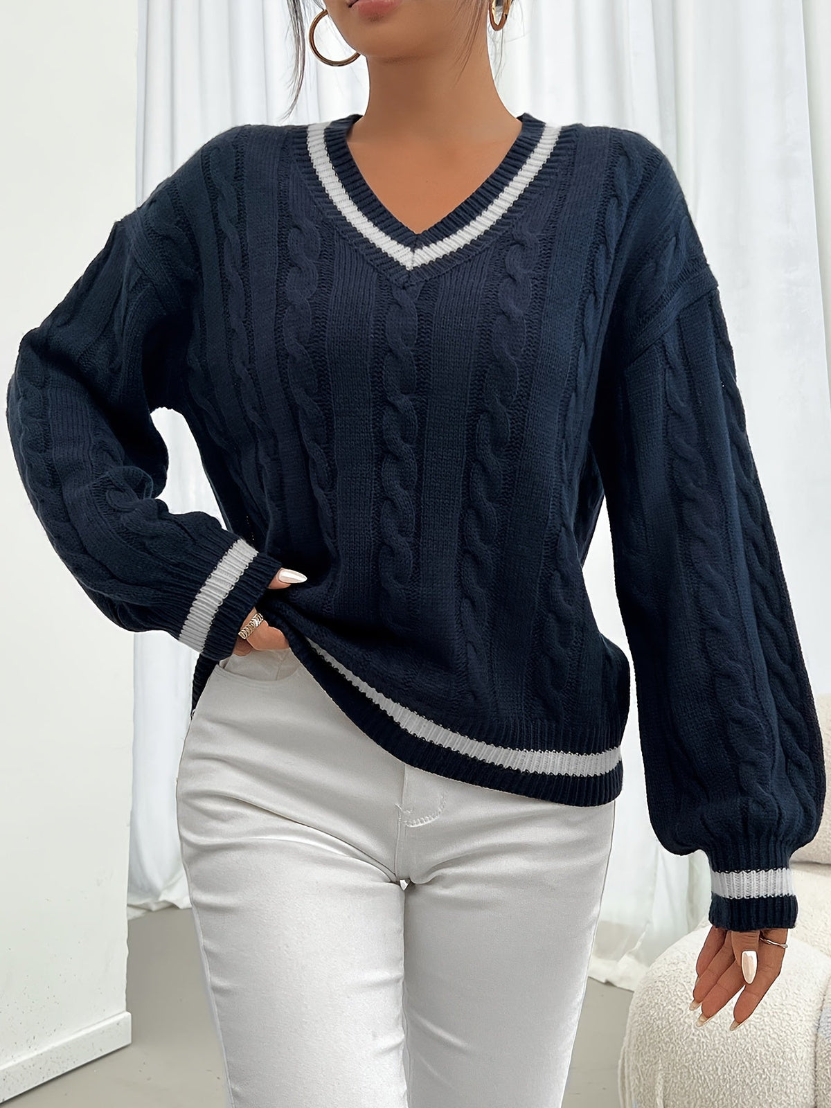Rebecca | Elegant Cable-Knit Varsity Sweater - Picela