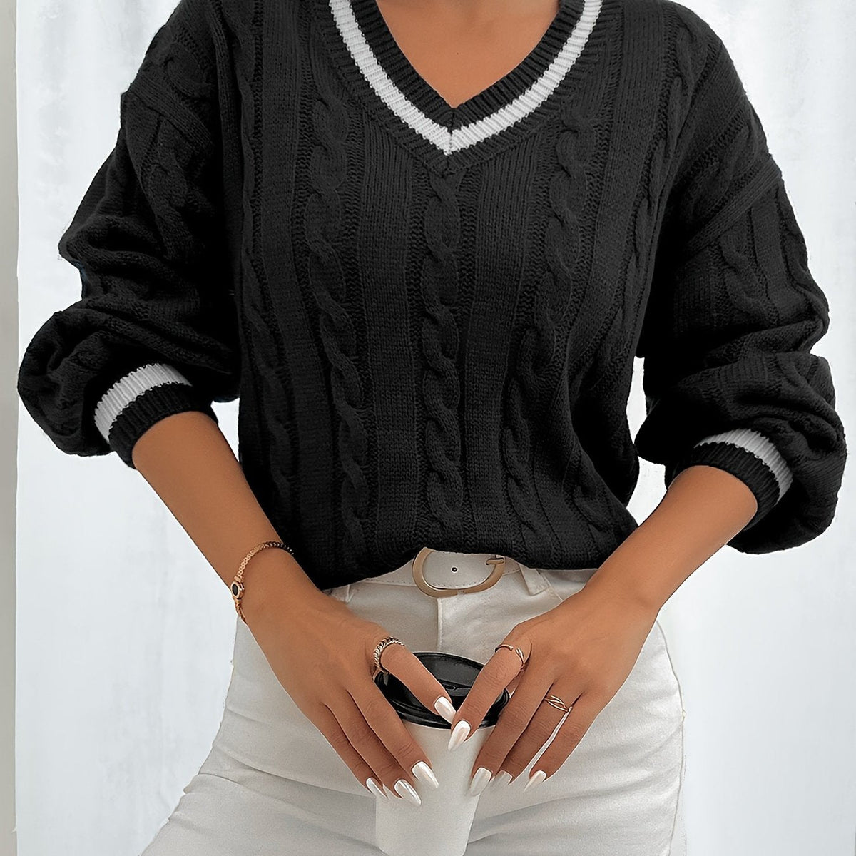 Rebecca | Elegant Cable-Knit Varsity Sweater - Picela