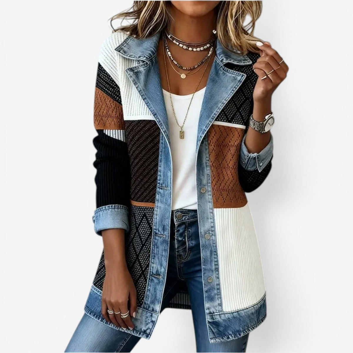 Stephanie | Elegant Denim Colorblock Jacket - Picela