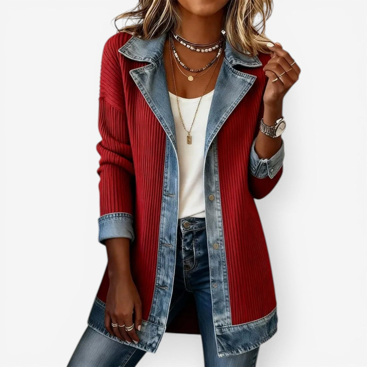 Stephanie | Elegant Denim Colorblock Jacket - Picela