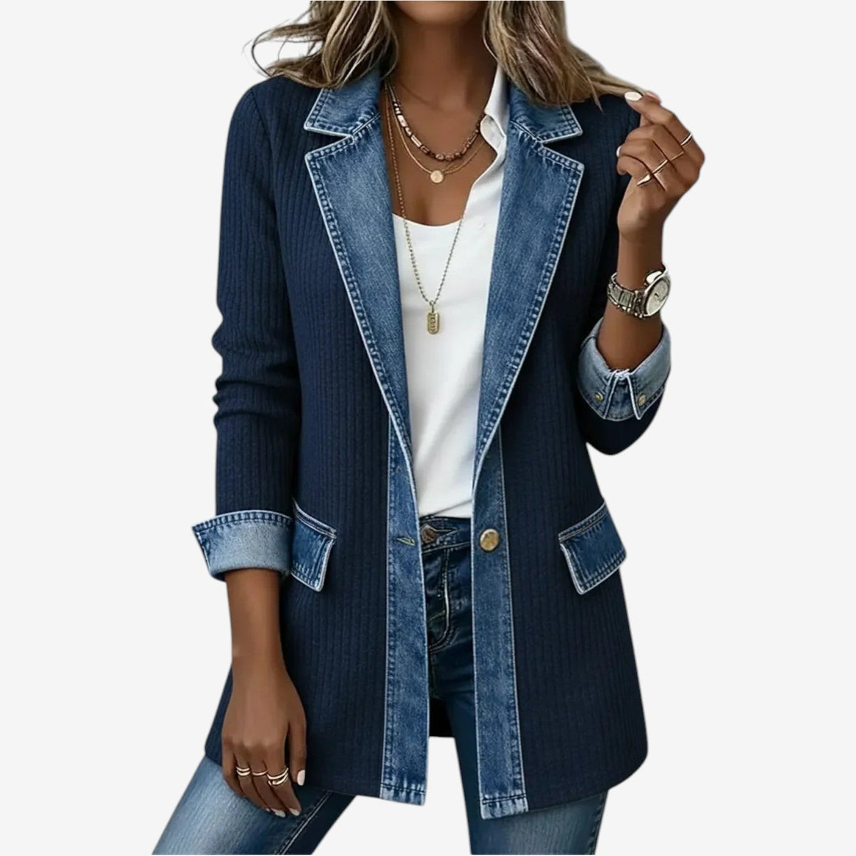 Stephanie | Elegant Denim Colorblock Jacket - Picela