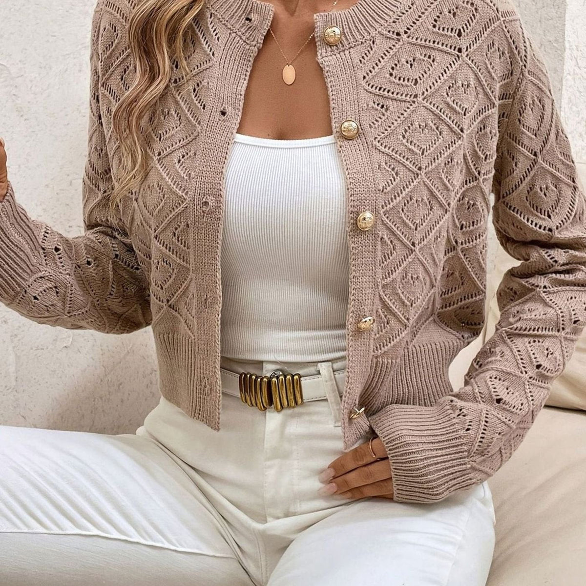 Rachel | Elegant Diamond-Knit Cropped Cardigan