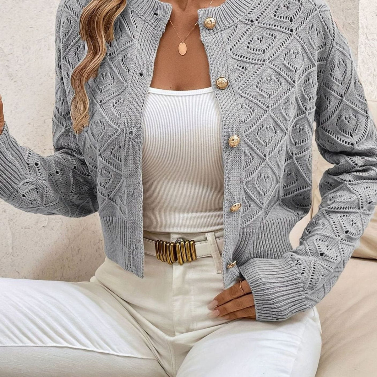 Rachel | Elegant Diamond-Knit Cropped Cardigan