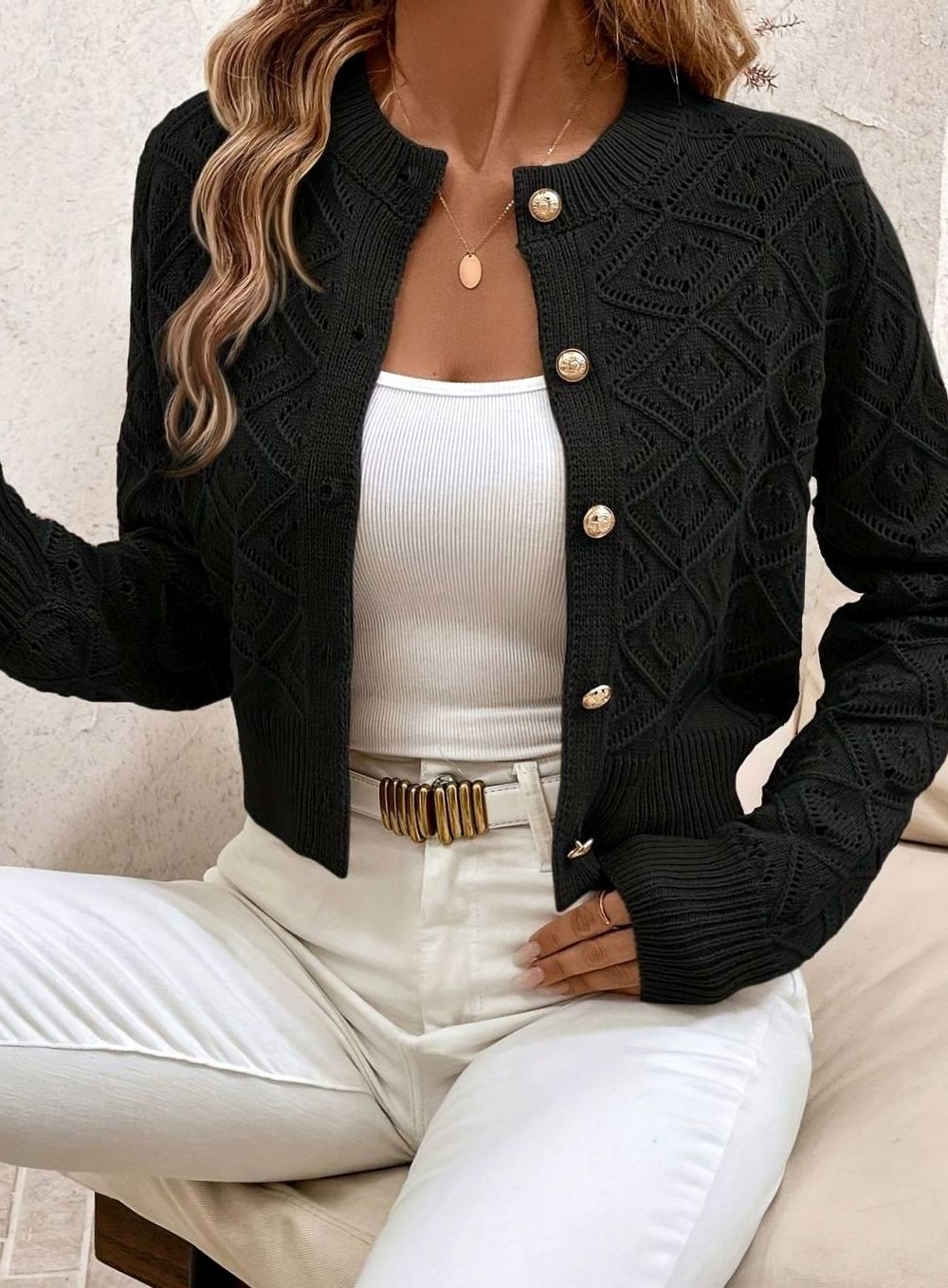 Rachel | Elegant Diamond-Knit Cropped Cardigan