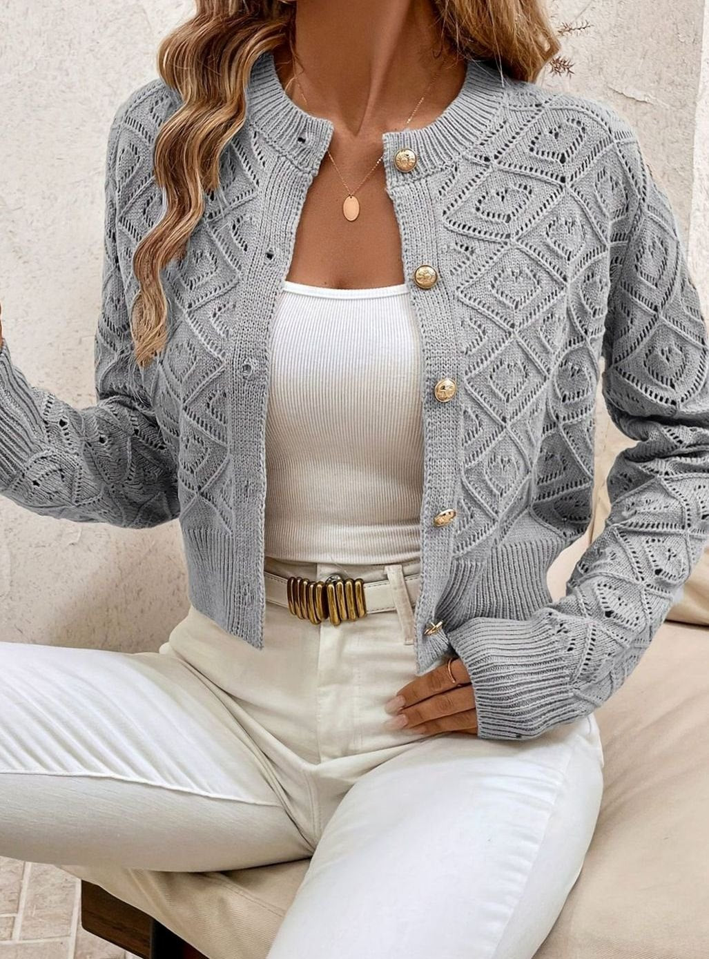 Rachel | Elegant Diamond-Knit Cropped Cardigan