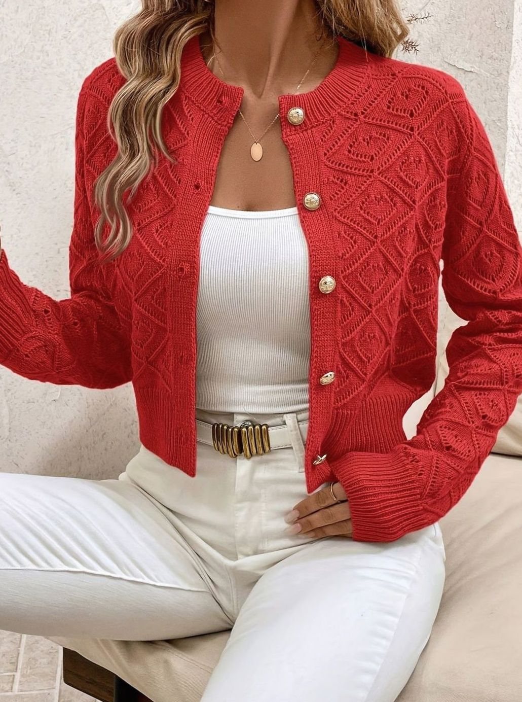 Rachel | Elegant Diamond-Knit Cropped Cardigan