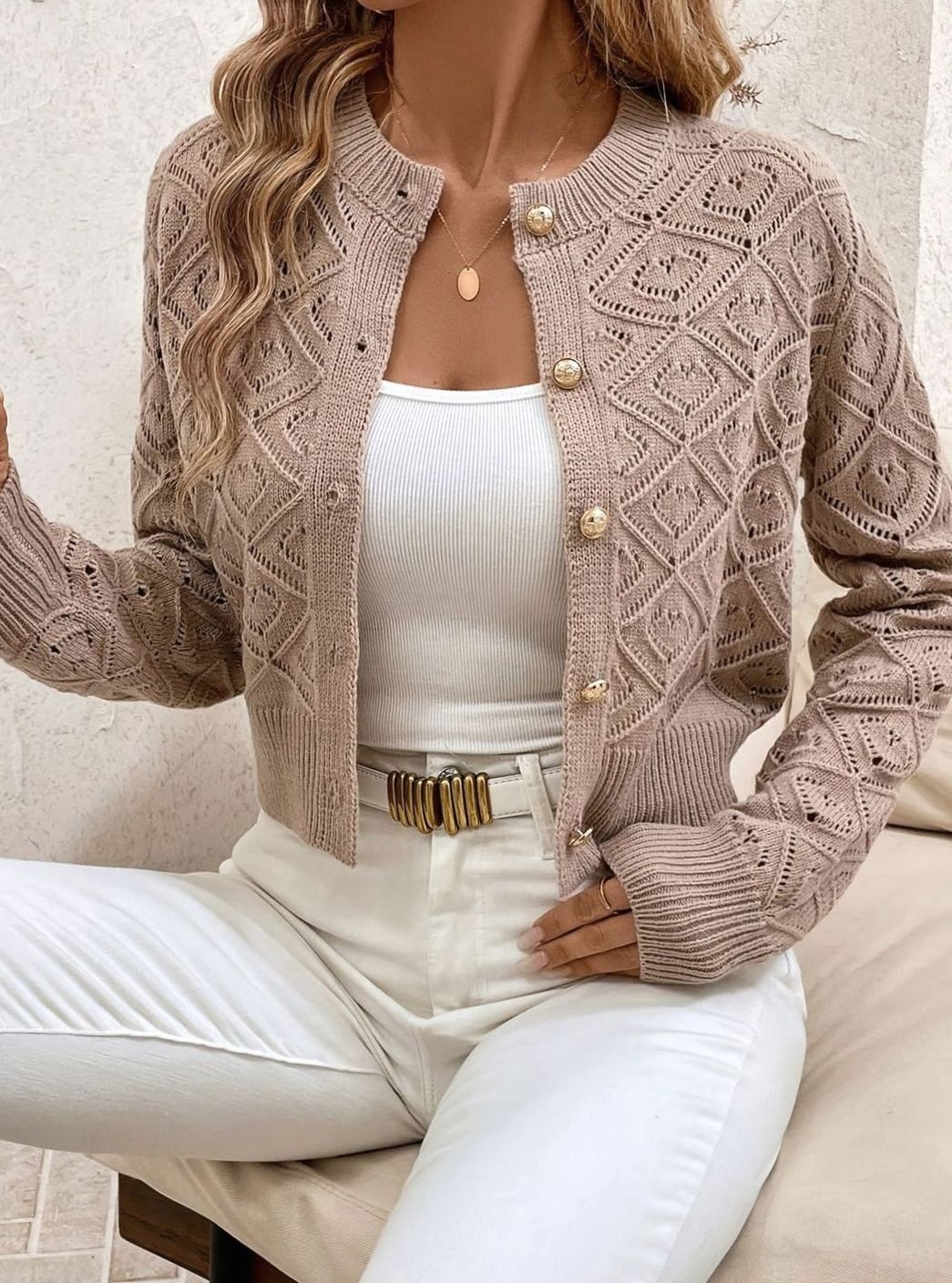 Rachel | Elegant Diamond-Knit Cropped Cardigan