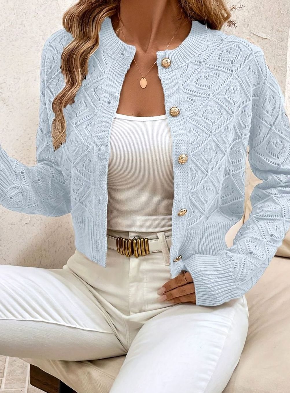 Rachel | Elegant Diamond-Knit Cropped Cardigan