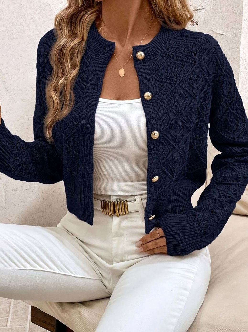 Rachel | Elegant Diamond-Knit Cropped Cardigan
