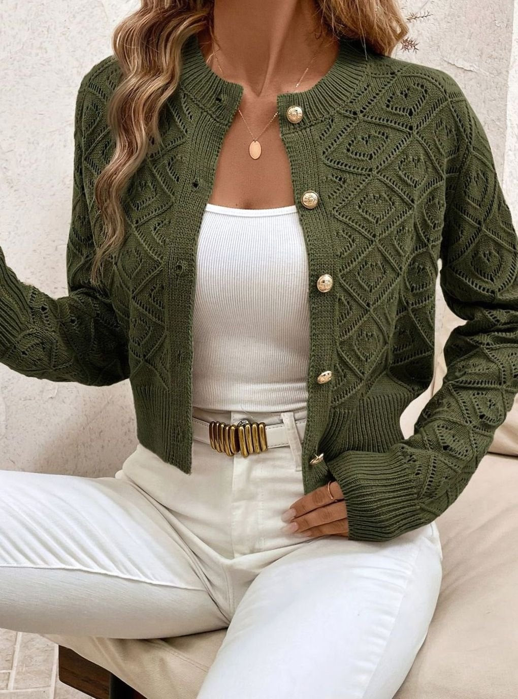 Rachel | Elegant Diamond-Knit Cropped Cardigan