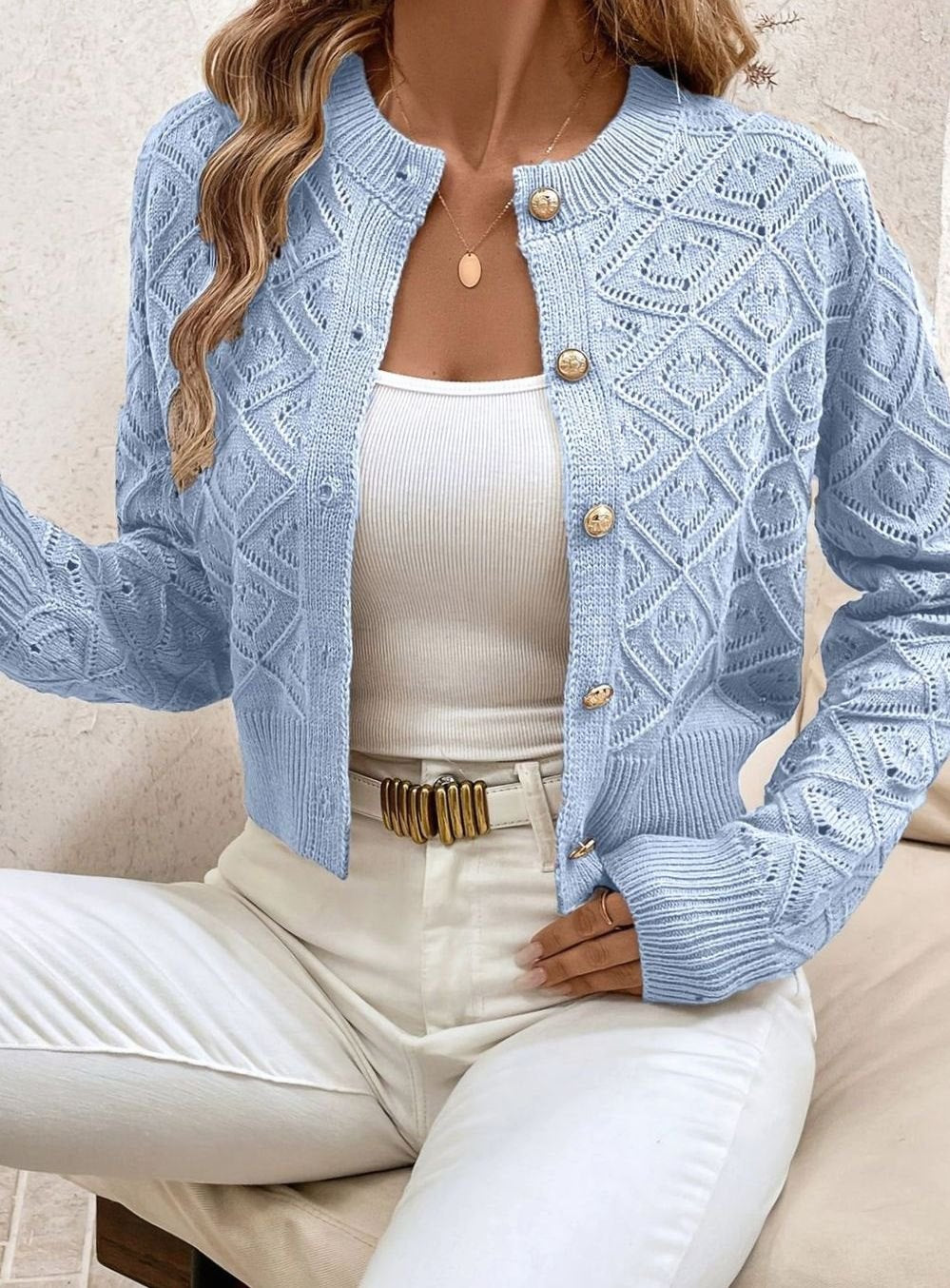 Rachel | Elegant Diamond-Knit Cropped Cardigan
