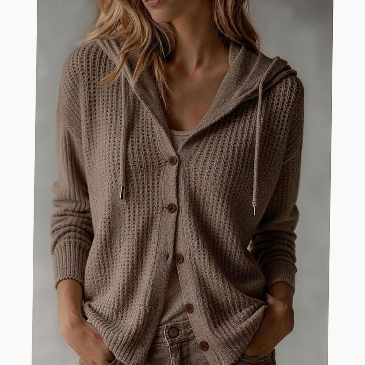 Harper | Elegant Hooded Waffle-Knit Cardigan